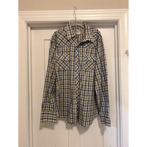 Wrangler Wrancher Western Pearl Snap XL Button Down LS Plaid Yellow Blue Vintage